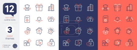 Illustration for Set of Love gift, Like and Work home line icons. Include Gift box, Delivery location, Puzzle icons. Augmented reality, Best chef, File settings web elements. Skyscraper buildings. Vector - Royalty Free Image