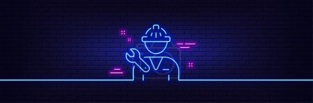 Illustration for Neon light glow effect. Spanner tool line icon. Repairman service sign. Fix instruments symbol. 3d line neon glow icon. Brick wall banner. Repairman outline. Vector - Royalty Free Image