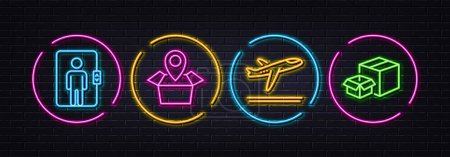 Illustration for Package location, Elevator and Departure plane minimal line icons. Neon laser 3d lights. Packing boxes icons. For web, application, printing. Vector - Royalty Free Image