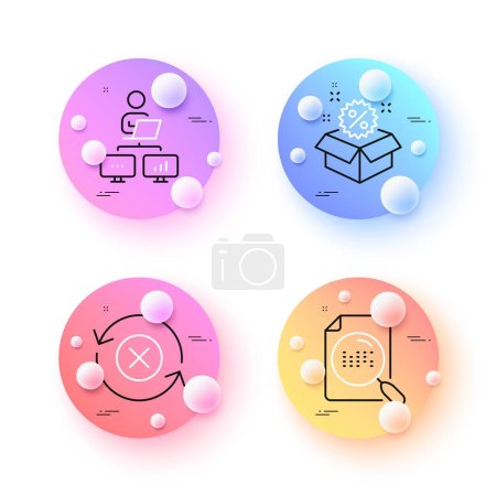Illustration for Reject refresh, Search file and Sale minimal line icons. 3d spheres or balls buttons. Work home icons. For web, application, printing. Update rejection, Find document, Discount. Freelance work. Vector - Royalty Free Image