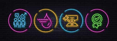 Illustration for Hydroelectricity, Judge hammer and Business statistics minimal line icons. Neon laser 3d lights. Approved award icons. For web, application, printing. Vector - Royalty Free Image