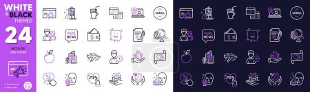 Illustration for Buildings, Growth chart and Wallet line icons for website, printing. Collection of Airplane, Apple, Scroll down icons. Face verified, Love letter, Smile web elements. Skin care. Vector - Royalty Free Image