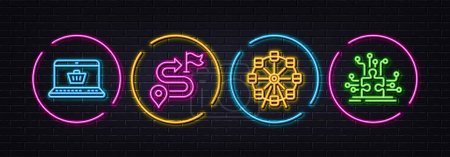 Illustration for Online shopping, Journey and Ferris wheel minimal line icons. Neon laser 3d lights. Puzzle options icons. For web, application, printing. Vector - Royalty Free Image