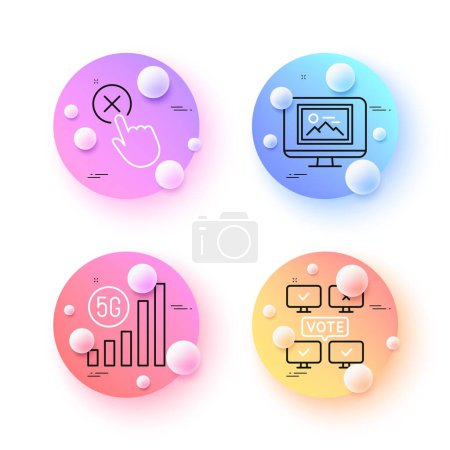 Ilustración de Rechazar clic, Foto miniatura y 5g wifi iconos de línea mínima. esferas 3d o botones de bolas. Iconos de votación en línea. Para web, aplicación, impresión. Borrar botón, monitor de imagen, señal inalámbrica. Vector - Imagen libre de derechos