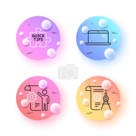 Illustration for Laptop, Quick tips and Settings blueprint minimal line icons. 3d spheres or balls buttons. Divider document icons. For web, application, printing. Computer, Tutorials, Engineering cogwheel. Vector - Royalty Free Image