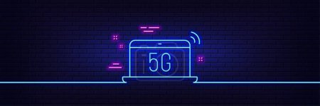 Illustration for Neon light glow effect. 5g notebook line icon. Wireless technology sign. Mobile wifi internet symbol. 3d line neon glow icon. Brick wall banner. 5g notebook outline. Vector - Royalty Free Image