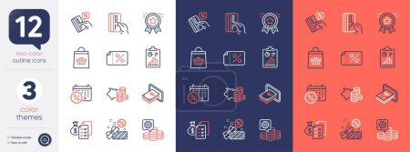 Illustration for Set of Sale, Payment card and Discount banner line icons. Include Loyalty award, Making money, Piggy bank icons. Credit card, Calendar discounts, Report web elements. Cash, Online buying. Vector - Royalty Free Image