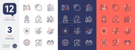 Illustration for Set of Face detect, Medical tablet and Nurse line icons. Include Stress protection, Clean skin, Difficult stress icons. Serum oil, Medical vaccination, Washing hands web elements. Vector - Royalty Free Image