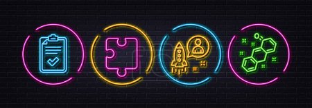 Illustration for Checklist, Puzzle and Startup minimal line icons. Neon laser 3d lights. Chemical formula icons. For web, application, printing. Survey, Puzzle piece, Developer. Chemistry. Neon lights buttons. Vector - Royalty Free Image
