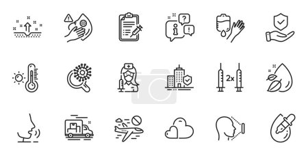 Illustration for Outline set of Coronavirus research, Apartment insurance and Eye drops line icons for web application. Talk, information, delivery truck outline icon. Vector - Royalty Free Image