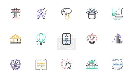 Illustration for Amusement park line icons. Carousel, Roller coaster and Circus. Ferris wheel linear icon set. Bicolor outline web elements. Vector - Royalty Free Image