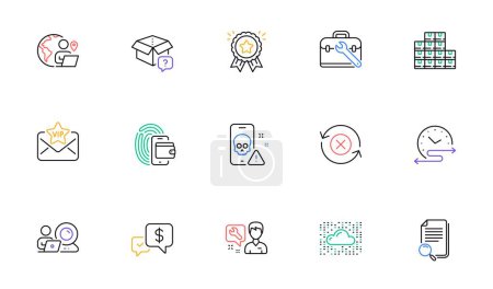 Illustration for Repairman, Vip mail and Cloud system line icons for website, printing. Collection of Wholesale inventory, Search file, Payment received icons. Loyalty award, Reject refresh. Vector - Royalty Free Image