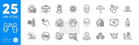 Illustration for Outline icons set. Umbrella, Cardio training and Medical calendar icons. No sun, Skin cream, Social distancing web elements. Medical mask, Alcohol free, Face recognition signs. Vector - Royalty Free Image