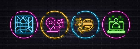 Illustration for Journey, Food delivery and Metro map minimal line icons. Neon laser 3d lights. Best manager icons. For web, application, printing. Trip distance, Hand hold burger, Subway transit map. Vector - Royalty Free Image