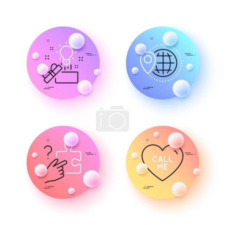 Ilustración de Viajes por el mundo, Buscar rompecabezas y llámame iconos de línea mínima. esferas 3d o botones de bolas. Iconos de ideas creativas. Para web, aplicación, impresión. Mapa de puntero, Rompecabezas juego, Amor cariño. Vector - Imagen libre de derechos