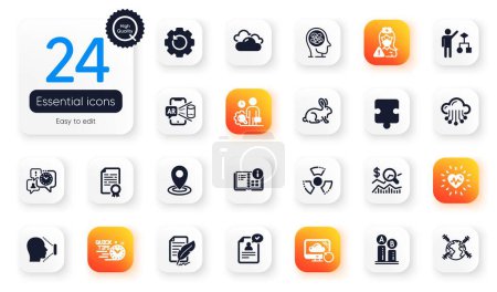 Illustration for Set of Science flat icons. Cloud storage, Recovery gear and Cloudy weather elements for web application. Augmented reality, Algorithm, Stress icons. World vaccination, Inspect. Vector - Royalty Free Image