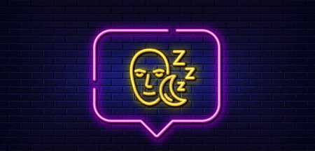 Illustration for Neon light speech bubble. Sleep line icon. Night rest sign. Sleeping face symbol. Neon light background. Sleep glow line. Brick wall banner. Vector - Royalty Free Image