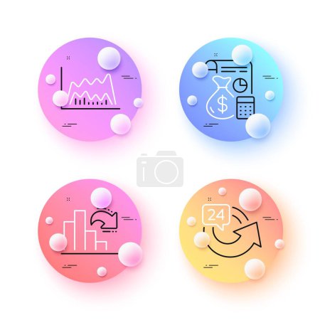 Illustration for Accounting, 24 hours and Trade chart minimal line icons. 3d spheres or balls buttons. Decreasing graph icons. For web, application, printing. Financial budget, Repeat, Market data. Vector - Royalty Free Image