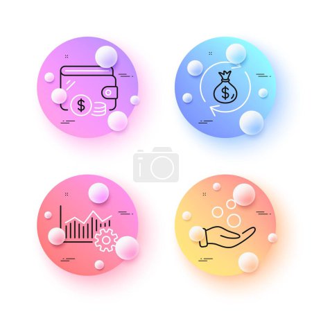 Illustration for Donation money, Money exchange and Operational excellence minimal line icons. 3d spheres or balls buttons. Wallet icons. For web, application, printing. Cash in bag, Corporate business. Vector - Royalty Free Image