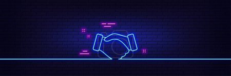 Illustration for Neon light glow effect. Handshake line icon. Hand gesture sign. Business deal palm symbol. 3d line neon glow icon. Brick wall banner. Handshake outline. Vector - Royalty Free Image