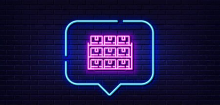 Illustration for Neon light speech bubble. Boxes shelf line icon. Warehouse inventory sign. Logistic wholesale goods symbol. Neon light background. Boxes shelf glow line. Brick wall banner. Vector - Royalty Free Image