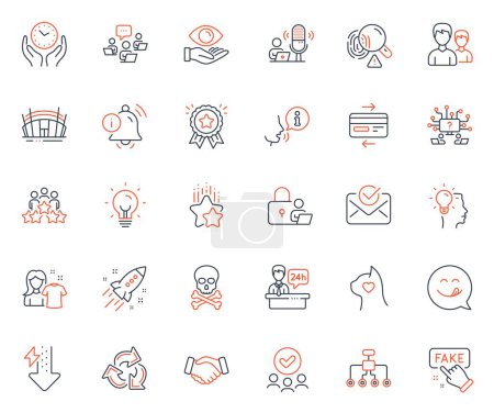 Illustration for Business icons set. Included icon as Idea, Startup rocket and Recycle web elements. Reception desk, Yummy smile, Restructuring icons. Clean shirt, Fingerprint, Energy drops web signs. Vector - Royalty Free Image