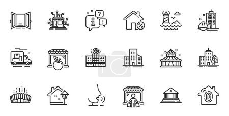 Illustration for Outline set of Circus, Market buyer and Distribution line icons for web application. Talk, information, delivery truck outline icon. Include Open door, Street light, Buildings icons. Vector - Royalty Free Image