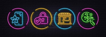 Illustration for Vip phone, Market and Verified locker minimal line icons. Neon laser 3d lights. Search flight icons. For web, application, printing. Exclusive privilege, Store, Protection locker. Vector - Royalty Free Image