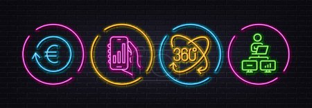 Illustration for Exchange currency, Full rotation and Analysis app minimal line icons. Neon laser 3d lights. Work home icons. For web, application, printing. Vector - Royalty Free Image