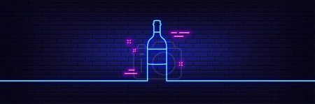 Illustration for Neon light glow effect. Wine bottle line icon. Merlot or Cabernet Sauvignon sign. 3d line neon glow icon. Brick wall banner. Wine bottle outline. Vector - Royalty Free Image