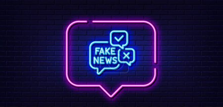 Illustration for Neon light speech bubble. Fake news line icon. Propaganda conspiracy chat sign. Wrong truth symbol. Neon light background. Fake news glow line. Brick wall banner. Vector - Royalty Free Image