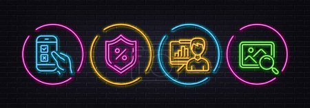 Illustration for Loan percent, Mobile survey and Presentation board minimal line icons. Neon laser 3d lights. Search photo icons. For web, application, printing. Vector - Royalty Free Image