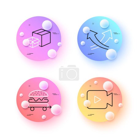 Illustration for Packing boxes, Food delivery and Intersection arrows minimal line icons. 3d spheres or balls buttons. Video camera icons. For web, application, printing. Delivery box, Burger, Exchange. Vector - Royalty Free Image