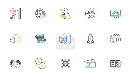 Illustration for Care, 5g technology and Ranking line icons for website, printing. Collection of Select flight, Lgbt, Currency exchange icons. Boarding pass, Engineering documentation. Vector - Royalty Free Image
