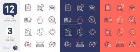 Illustration for Set of Gears, Fast recovery and Fire energy line icons. Include Currency audit, Clipboard, Analytics graph icons. Quick tips, Wifi, Moon web elements. Seo stats, Feedback, Windmill turbine. Vector - Royalty Free Image