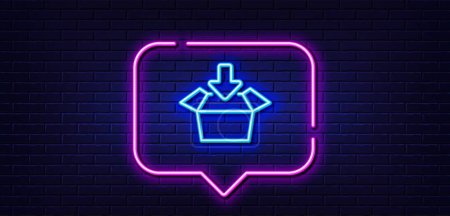 Illustration for Neon light speech bubble. Get box line icon. Open delivery parcel sign. Cargo package symbol. Neon light background. Get box glow line. Brick wall banner. Vector - Royalty Free Image