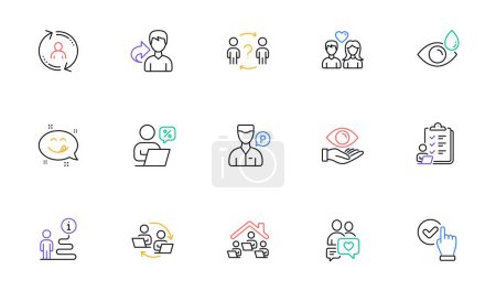 Illustration for Dating chat, Checkbox and Work home line icons for website, printing. Collection of Couple love, Eye drops, Online discounts icons. Support, Delegate question, Yummy smile web elements. Vector - Royalty Free Image
