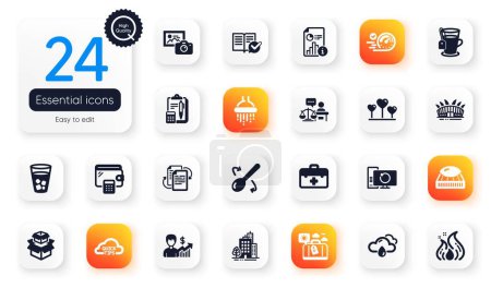 Illustration for Set of Business flat icons. Recovery computer, Speedometer and Arena stadium elements for web application. Tea, Bureaucracy, Rainy weather icons. Shower, First aid, Court judge elements. Vector - Royalty Free Image