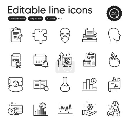 Illustration for Set of Science outline icons. Contains icons as Online quiz, Chemistry lab and Report elements. Vaccine report, Nurse, Puzzle web signs. Stock analysis, Head, Read instruction elements. Vector - Royalty Free Image