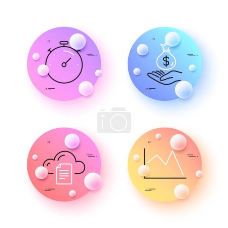 Illustration for Income money, Line chart and File storage minimal line icons. 3d spheres or balls buttons. Timer icons. For web, application, printing. Savings, Financial graph, Cloud computing. Vector - Royalty Free Image