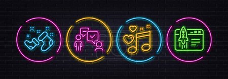 Illustration for Love music, Santa boots and Consulting business minimal line icons. Neon laser 3d lights. Start business icons. For web, application, printing. Musical note, New year, Team meeting. Vector - Royalty Free Image