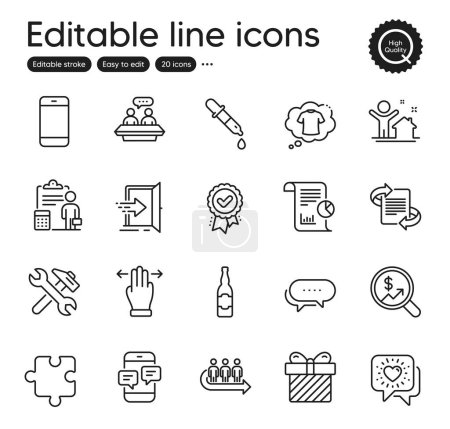 Illustration for Set of Business outline icons. Contains icons as Dots message, Puzzle and Beer bottle elements. Repair, Report, Employees talk web signs. Marketing, Accounting, T-shirt elements. Vector - Royalty Free Image