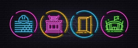 Illustration for Open door, Build and Shop minimal line icons. Neon laser 3d lights. Arena icons. For web, application, printing. Entrance, Construction service, Store. Sport stadium. Neon lights buttons. Vector - Royalty Free Image