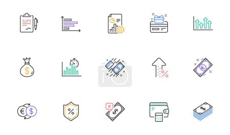 Illustration for Loan percent, Loyalty card and Increasing percent line icons for website, printing. Collection of Horizontal chart, Dollar, Clipboard icons. Wallet, Money exchange, Upper arrows web elements. Vector - Royalty Free Image