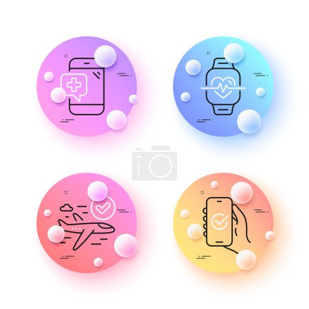 Illustration for Medical phone, Approved app and Confirmed flight minimal line icons. 3d spheres or balls buttons. Cardio training icons. For web, application, printing. Vector - Royalty Free Image