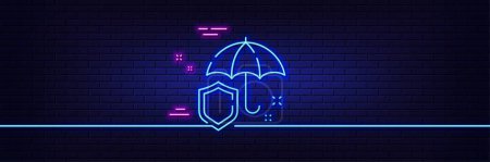 Illustration for Neon light glow effect. Umbrella line icon. Rain defence sign. Safe insurance symbol. 3d line neon glow icon. Brick wall banner. Umbrella outline. Vector - Royalty Free Image