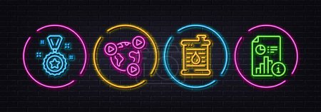 Illustration for Video conference, Winner reward and Oil barrel minimal line icons. Neon laser 3d lights. Report icons. For web, application, printing. Online meeting, Best award, Gasoline fuel. Research file. Vector - Royalty Free Image