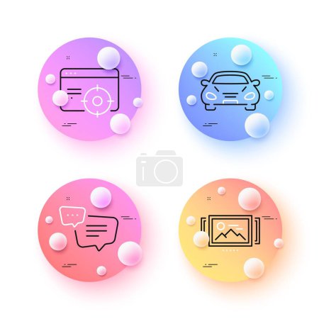 Illustration for Car, Seo targeting and Image carousel minimal line icons. 3d spheres or balls buttons. Text message icons. For web, application, printing. Transport, Performance, Photo album. Chat bubble. Vector - Royalty Free Image
