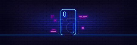 Illustration for Neon light glow effect. Smartphone cover line icon. Phone sign. Mobile device symbol. 3d line neon glow icon. Brick wall banner. Smartphone cover outline. Vector - Royalty Free Image
