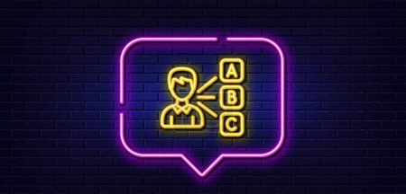 Illustration for Neon light speech bubble. Opinion or choice line icon. Select answer sign. Business test symbol. Neon light background. Opinion glow line. Brick wall banner. Vector - Royalty Free Image